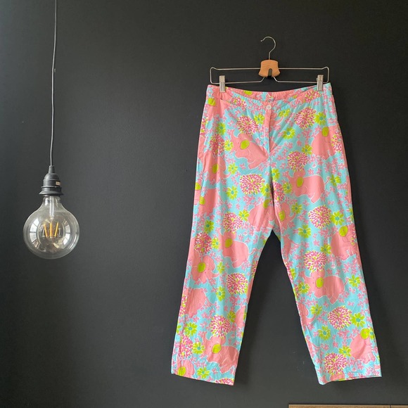 Lilly Pulitzer White Label Blue Pink Elephant Floral Print Pants Size 8 - Picture 2 of 12